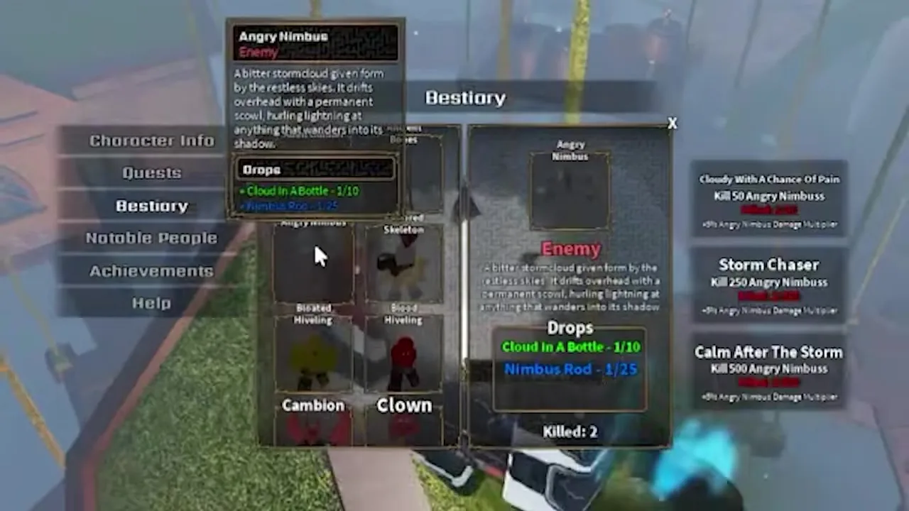 The in-game Bestiary page for Angry Nimbus, listing cataloged drops including Cloud In A Bottle 1/10 and Nimbus Rod 1/25.