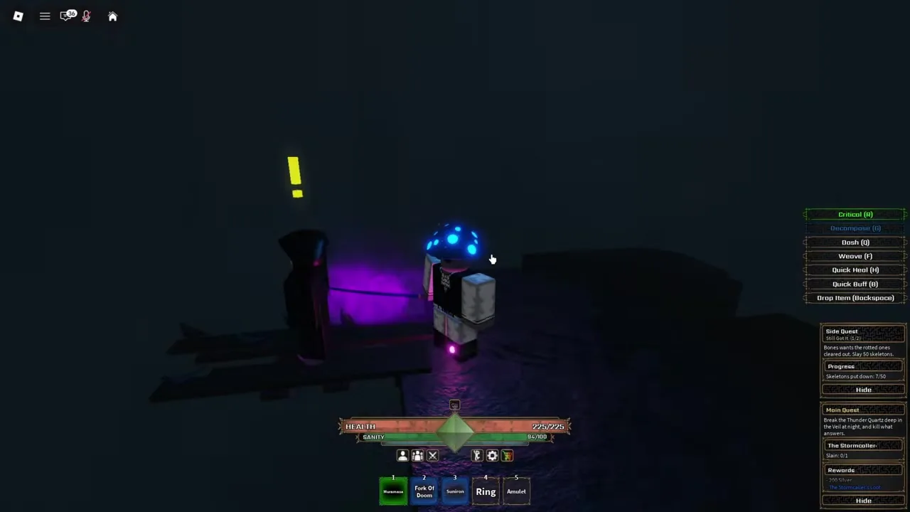 The NPC Asmodeus standing in dark robes beneath a yellow quest exclamation mark on The Lone Pillar glowing purple platform.