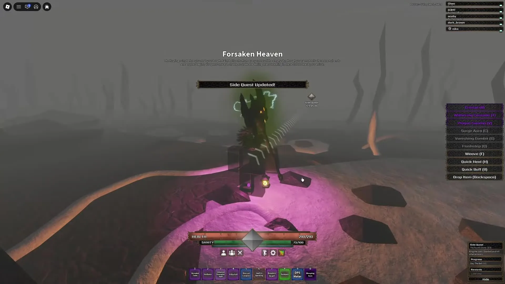 Player character standing inside Forsaken Heaven with the quest tracker showing stage 6/6 Slay The Bell.