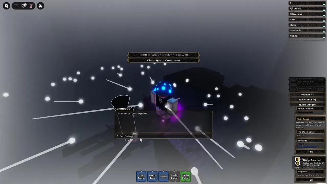 Duskwing completion messages showing a 1,000 Silver payment and Class Quest Complete.