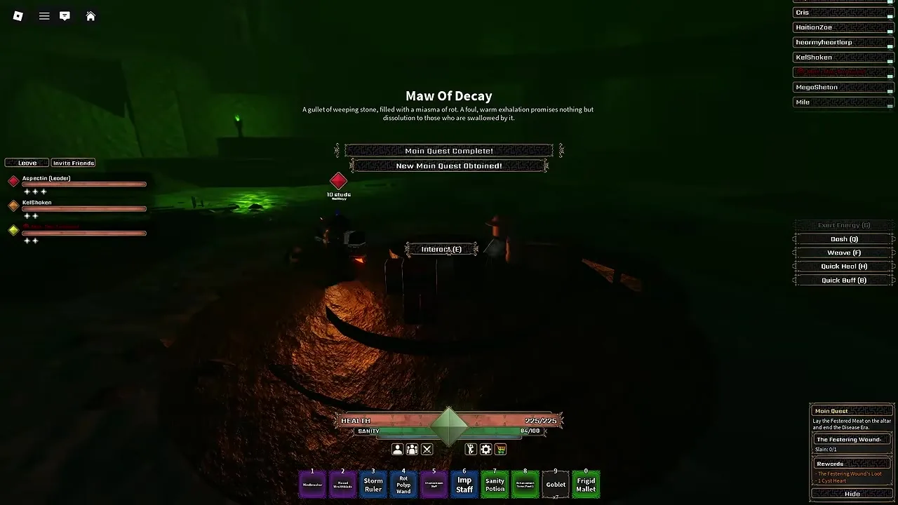 Third-person view of the stone ritual altar inside Maw Of Decay showing the Interact (E) prompt and active quest HUD.