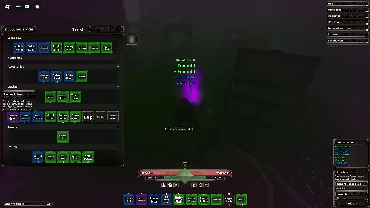 Inventory screen opened to the Items category, highlighting purple Elite Festered Meat while the quest HUD shows Ancient Bones Slain 0/1.