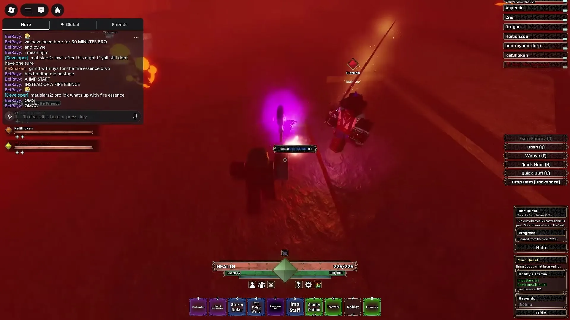 In-game prompt to pick up Fire Essence on PC with quest tracker showing completed Imp and Cambion kills.