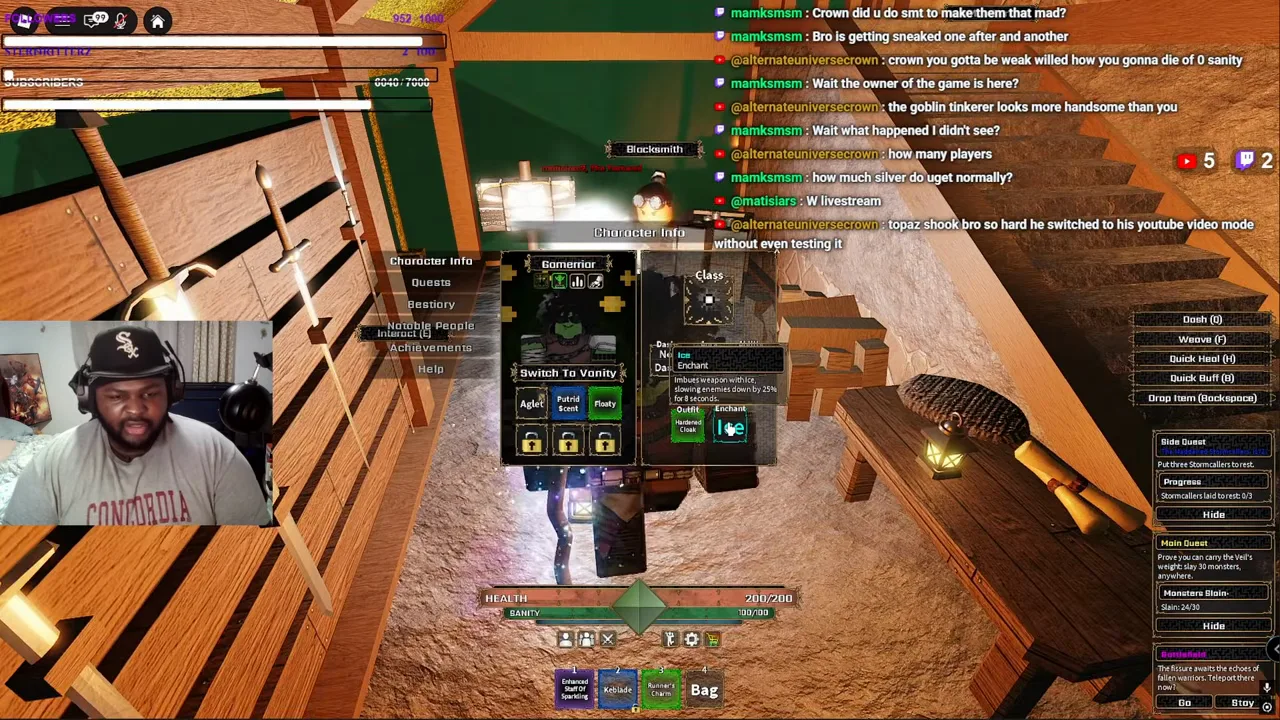 Character Info screen displaying the active Ice enchant with slow duration