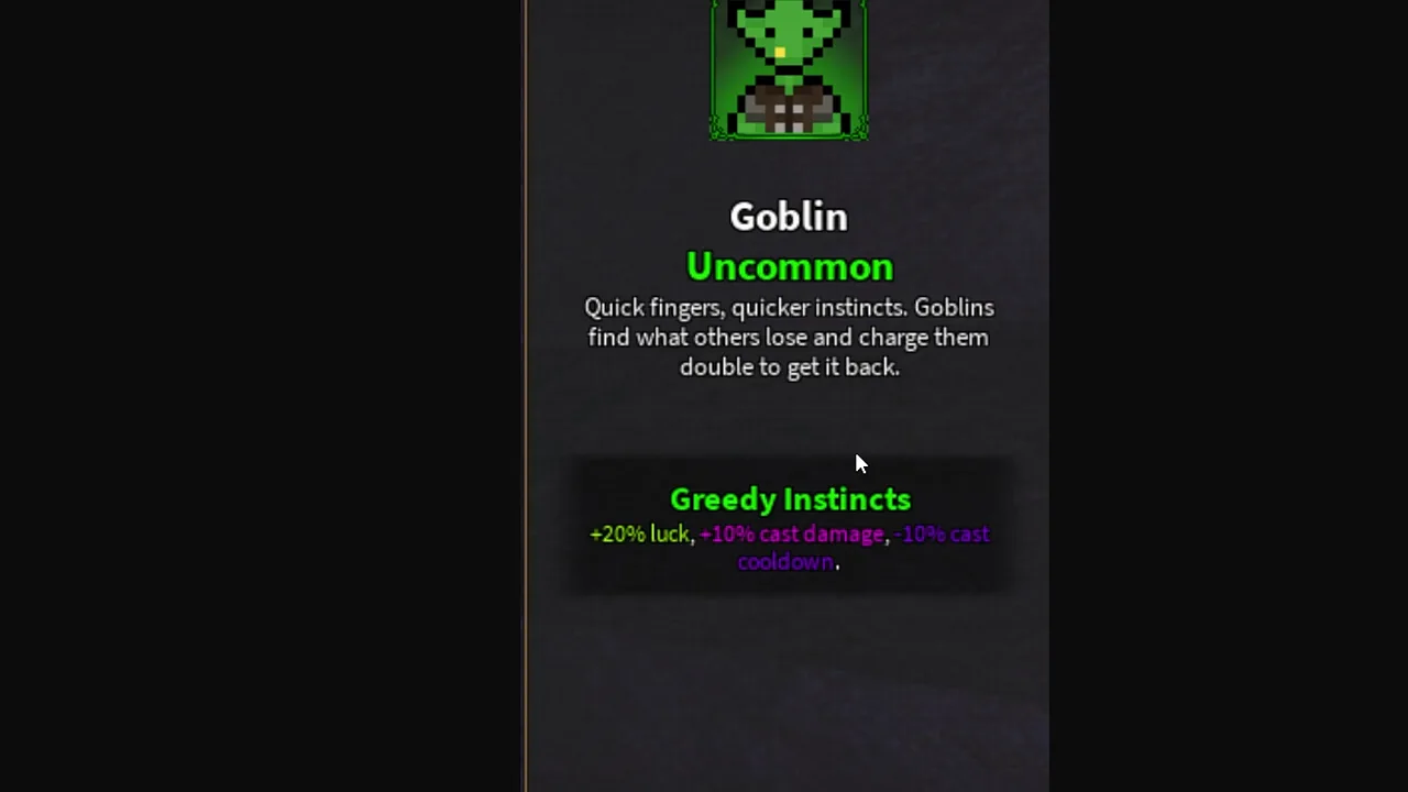 The Goblin trait card showing Greedy Instincts with plus 20% Luck, plus 10% cast damage, and minus 10% cast cooldown.