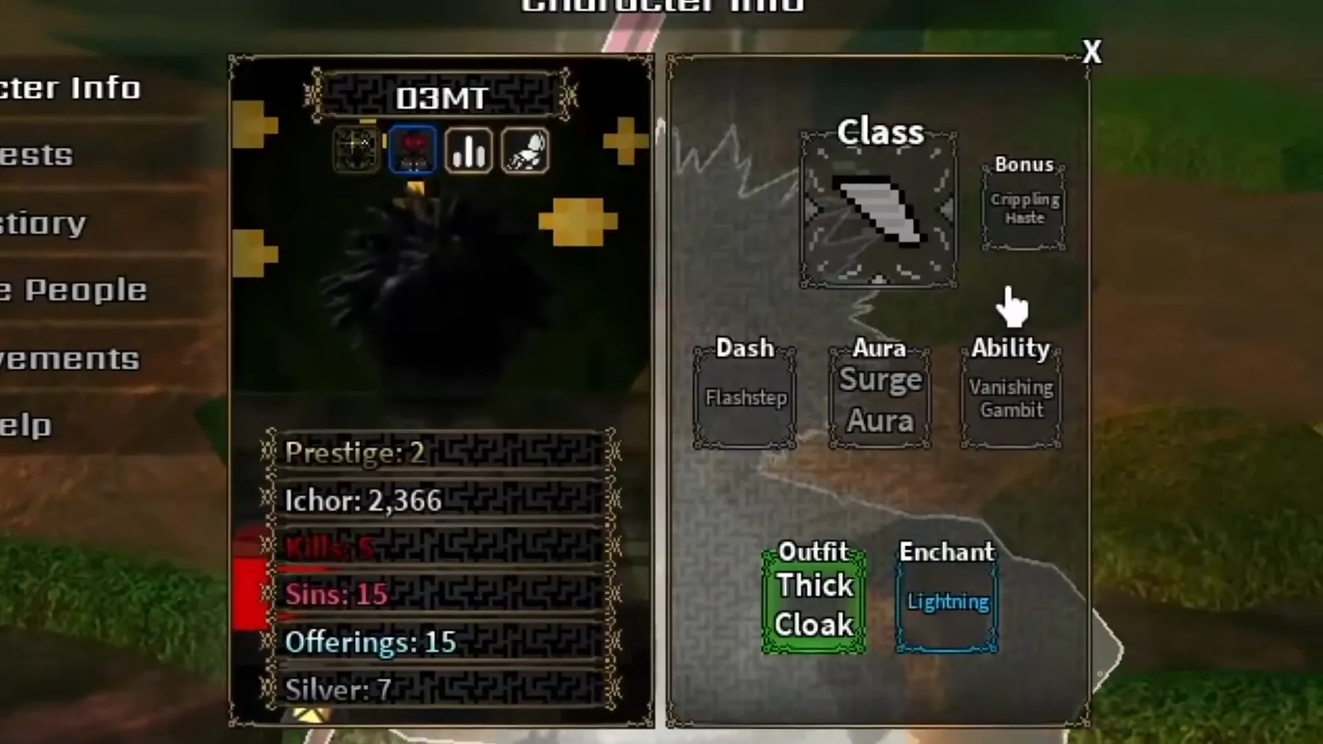 Character Info panel showing the equipped Marauder class, slotted abilities like Flashstep and Surge Aura, and tracked Sins and Offerings counts.