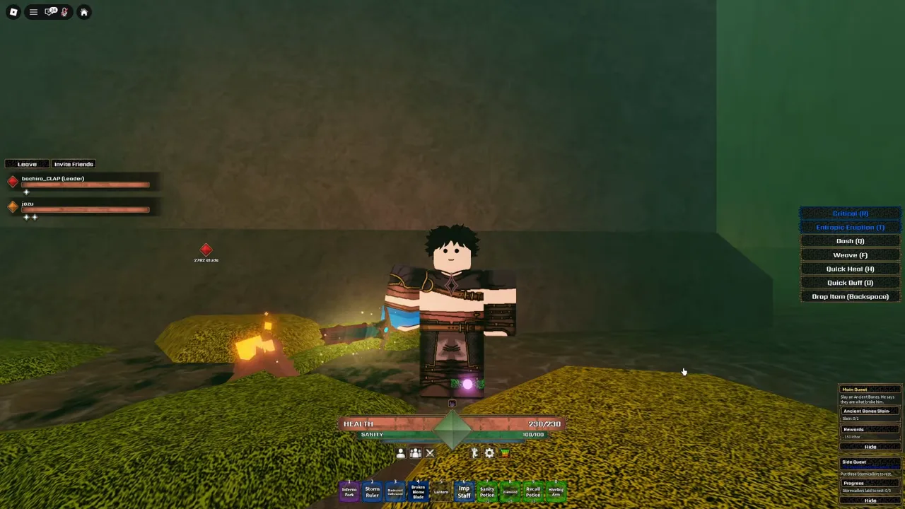Player character resting near a lit wooden campfire beside green foliage maze walls with the lower Sanity meter visible.