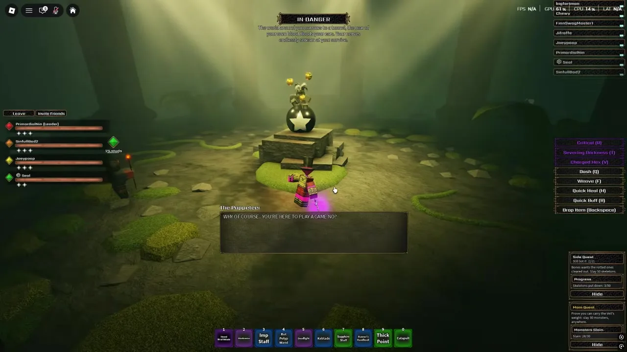 The Puppeteer appearing as a gold-and-black jester atop a starry sphere on a stone platform with dialogue.