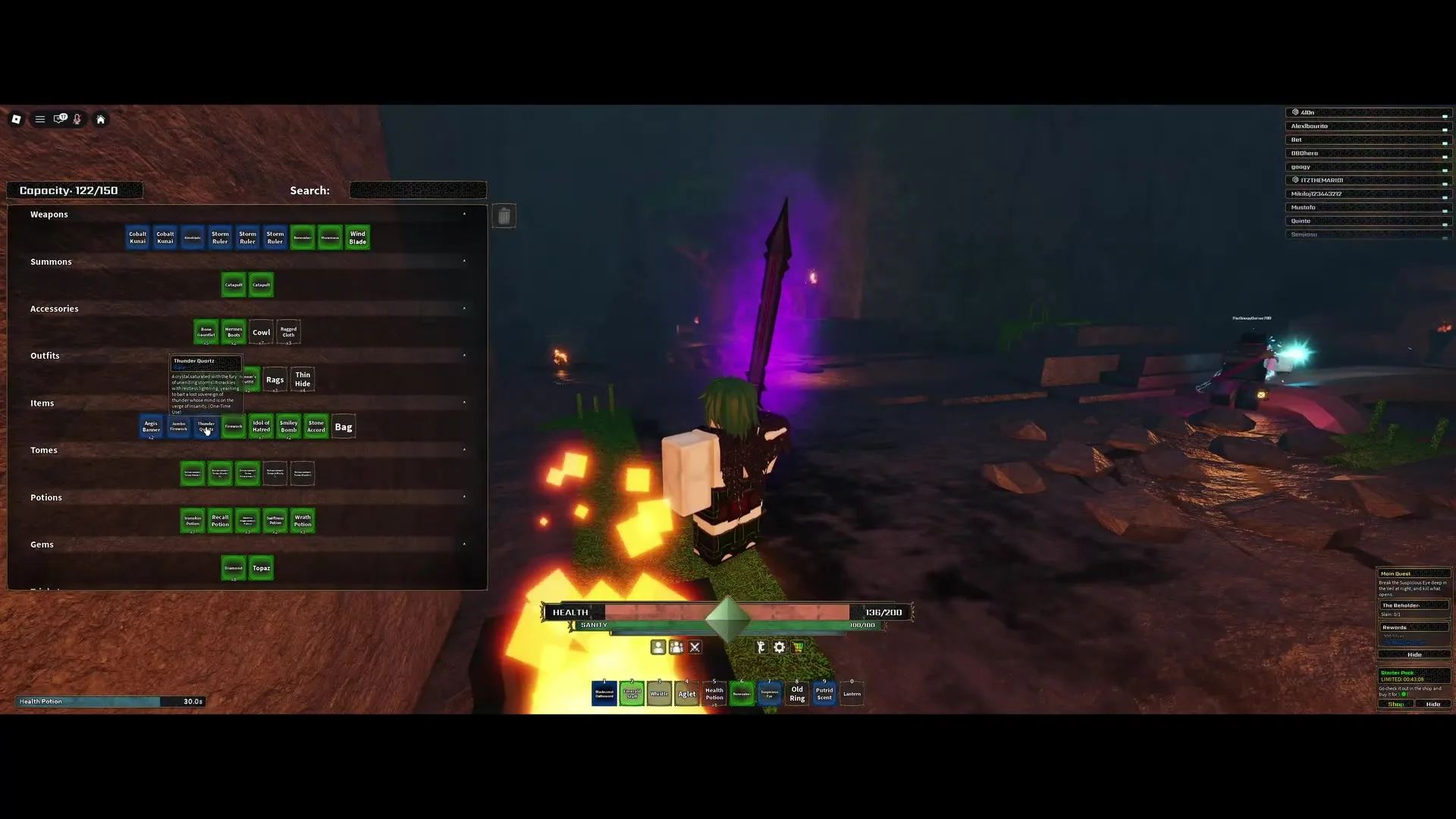 Hovered tooltip for Thunder Quartz in the player inventory, detailing its Rare quality, Items category, and One-Time Use property.
