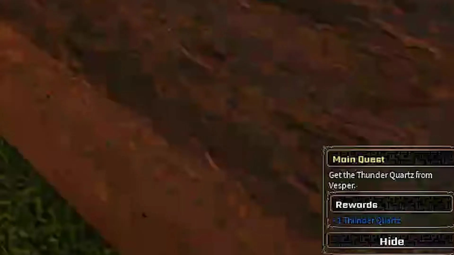 Main quest objective panel displaying the task to obtain Thunder Quartz from Vesper, showing 1 Thunder Quartz as the milestone reward.