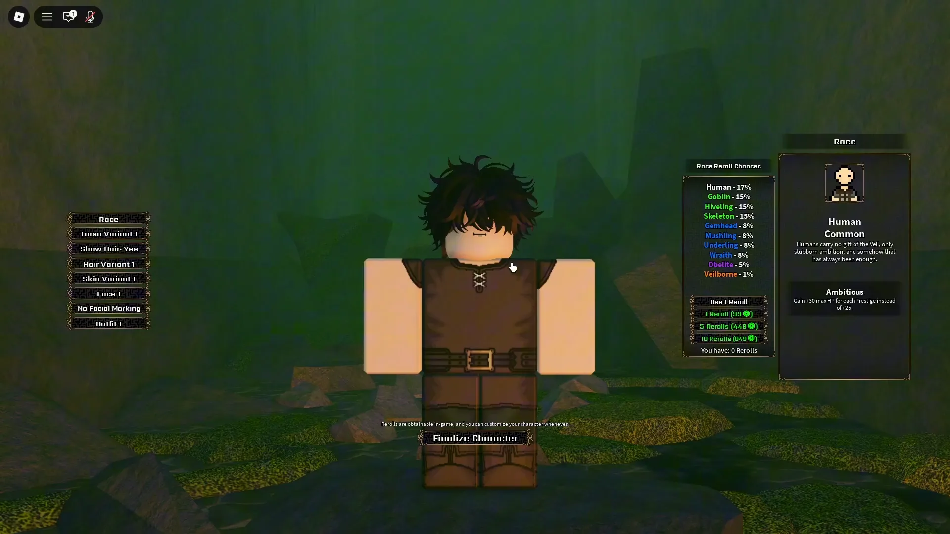 Character creation showing the Human race card and Race Reroll Chances panel.
