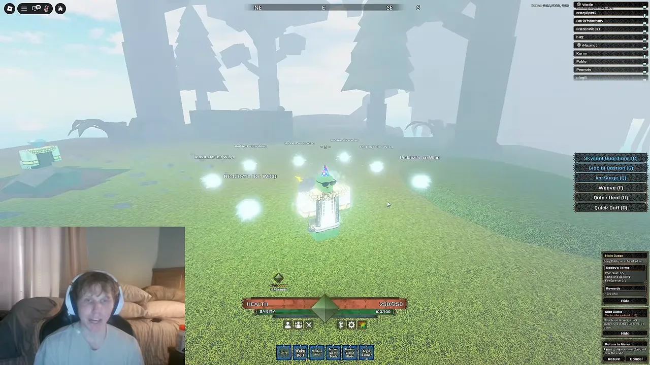 A player character surrounded by glowing Ice Wisps.