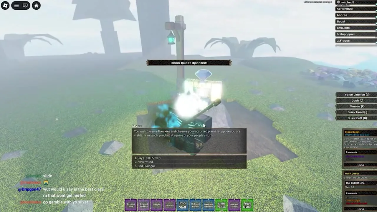 Dialogue menu with trainer Cryus on Sky's Reach showing quest stage 3/3 and the prompt to pay 1,000 Silver.