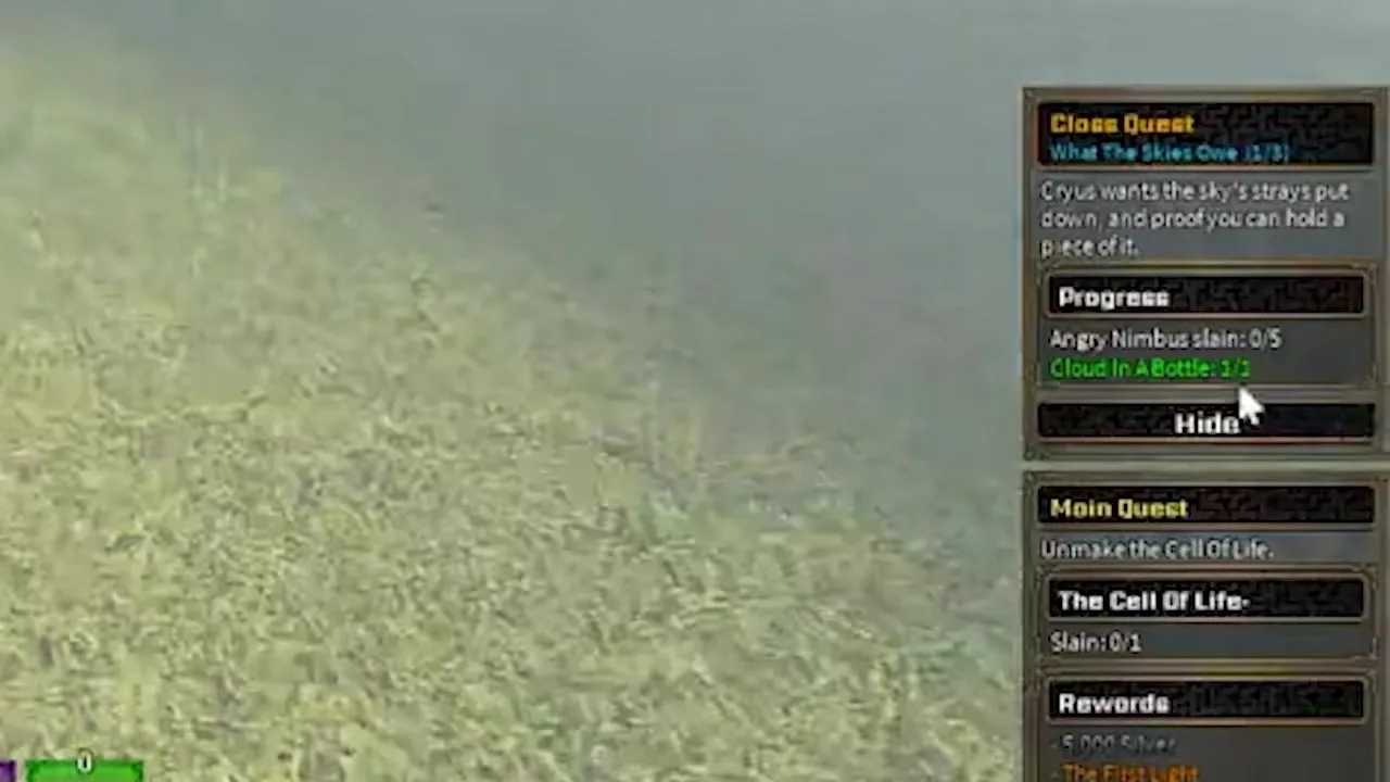 The active class quest interface for What The Skies Owe, displaying objectives for Angry Nimbus slain 0/5 and Cloud In A Bottle 1/1.