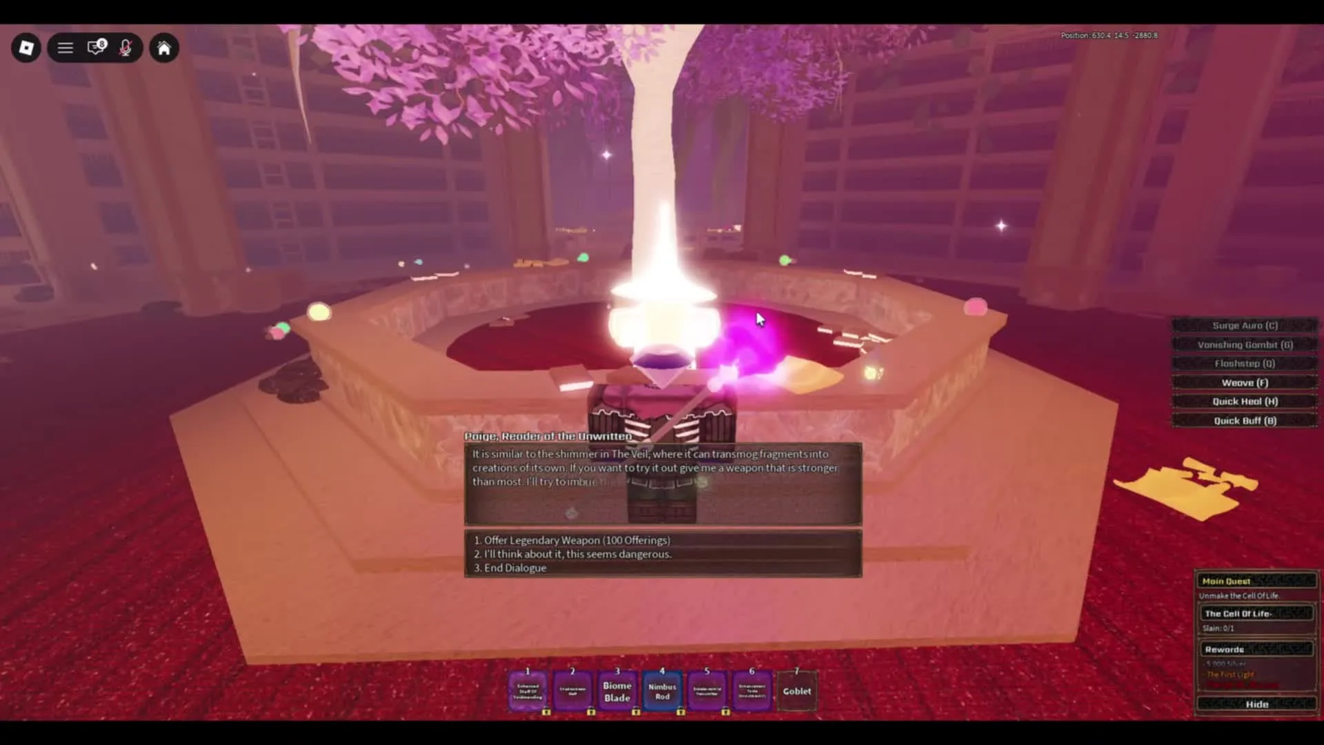 Paige dialogue menu displaying the Offer Legendary Weapon option with 100 Offerings requirement in The Veil