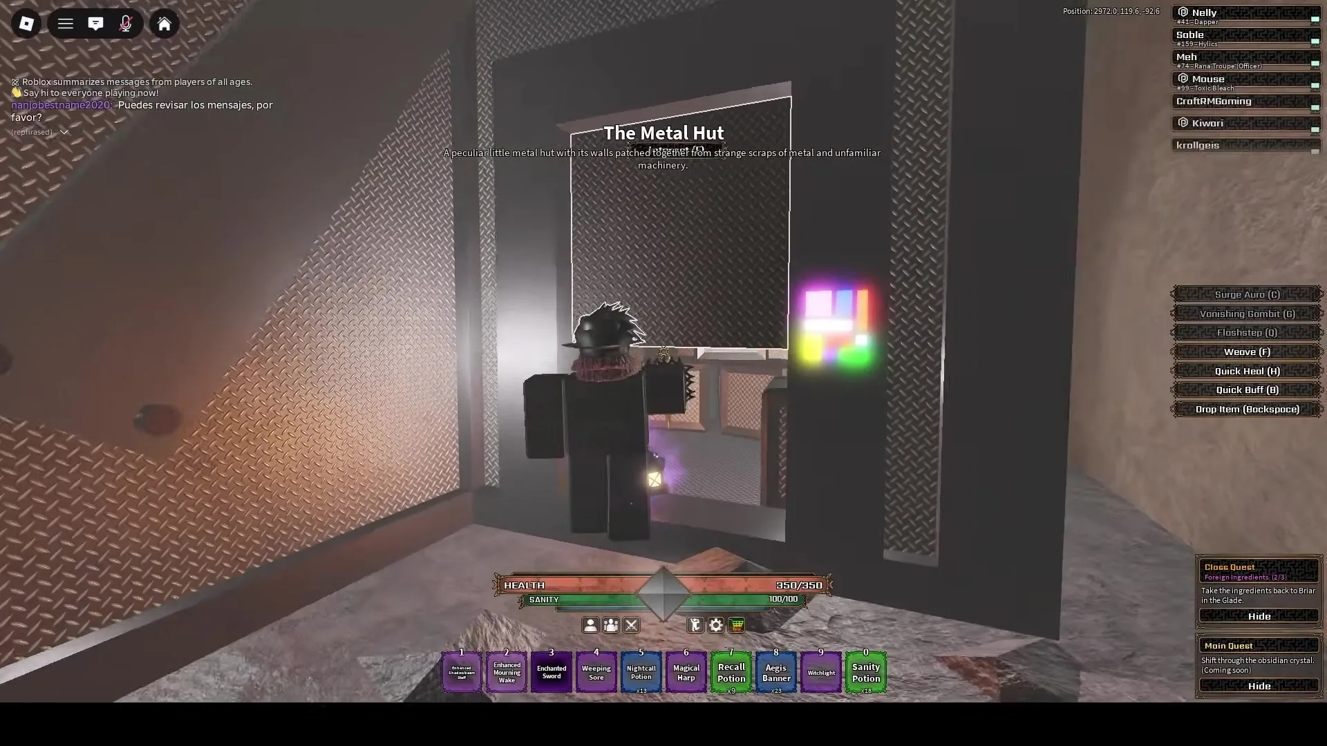 Exterior view of The Metal Hut in The Pale with a colored glowing wall panel beside the door.