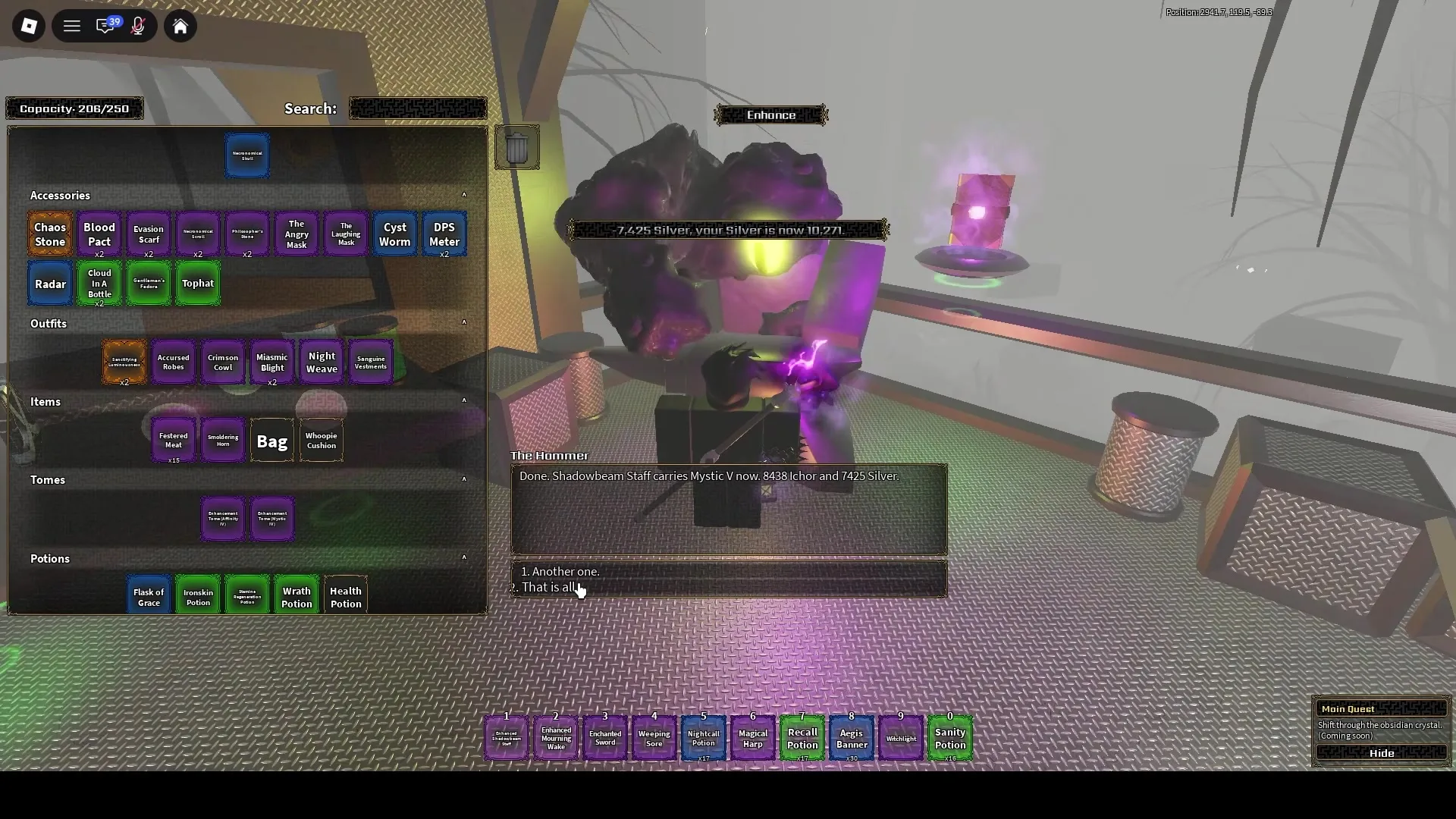 The Hammer's dialogue box confirming Mystic V applied to the Shadowbeam Staff, with a HUD notification showing 7,425 Silver deducted.