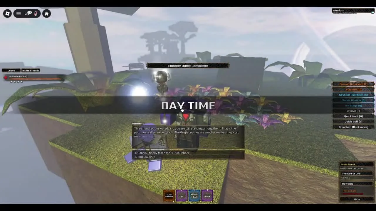 Dialogue interface with Aurorite on Sky Island showing the 1,000 Ichor mastery training option