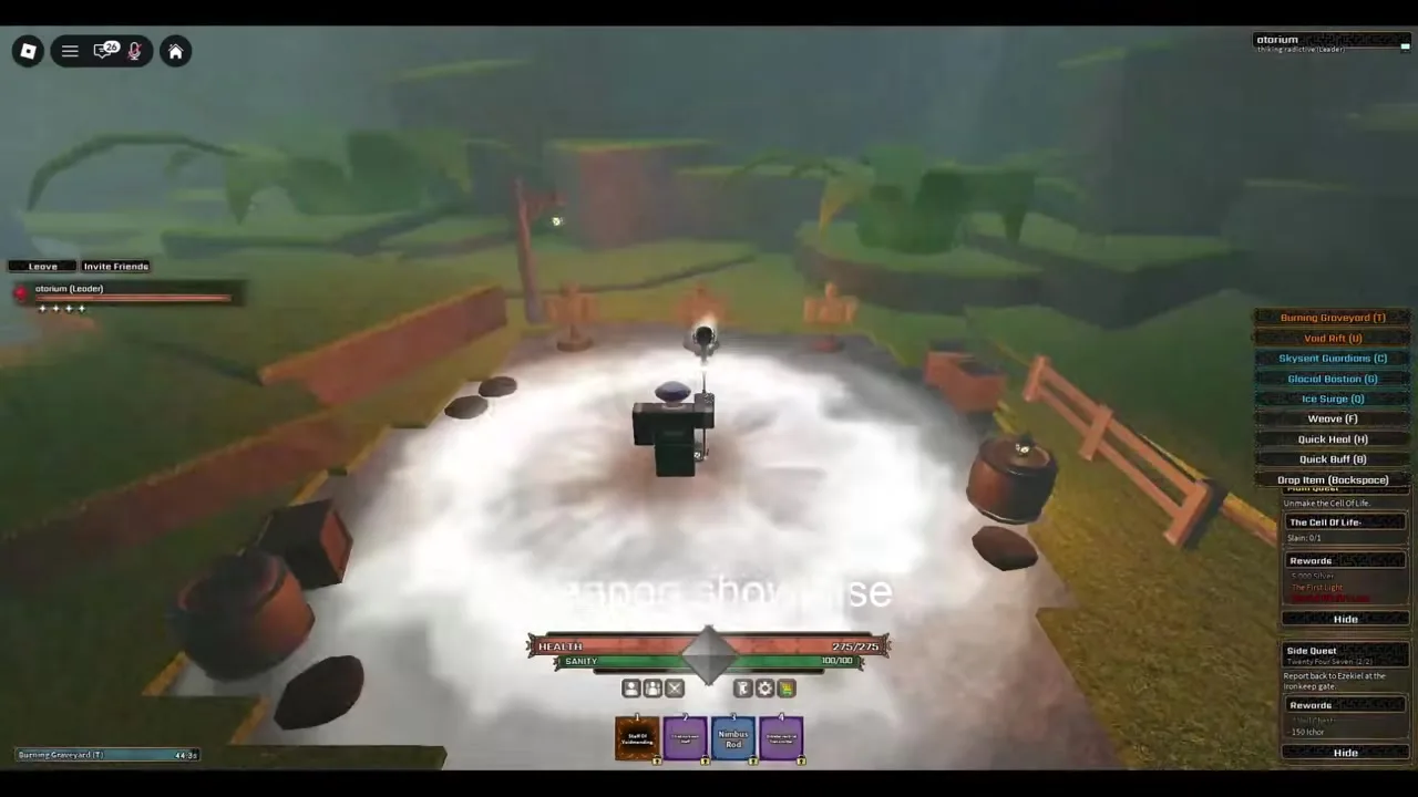Character wielding the staff with a circular white misty area expanding on the ground