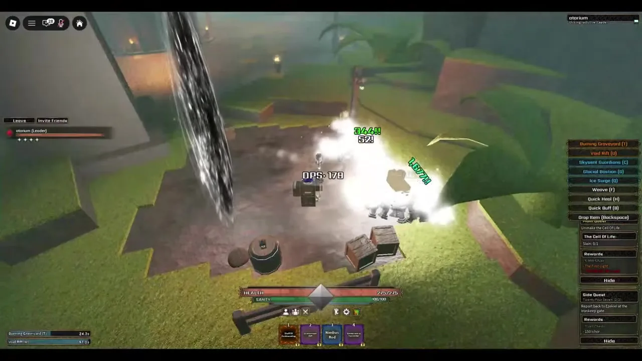 Tall vertical pillar of black and white rift energy summoned on the combat floor